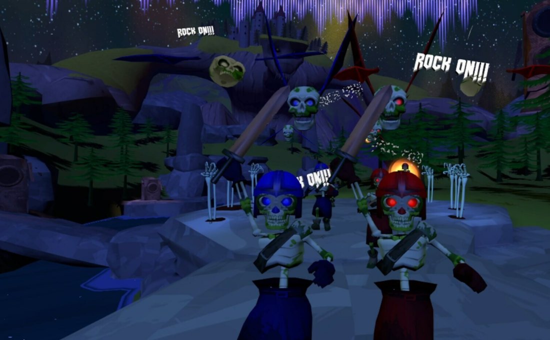 God Of Riffs gameplay screenshot with skeleton enemies and floating skulls