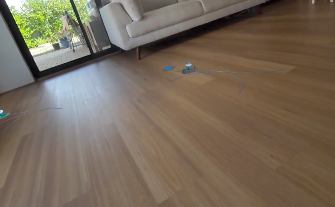 Mixed reality scene showing mycelium vines and small mushroom clusters growing across a room floor